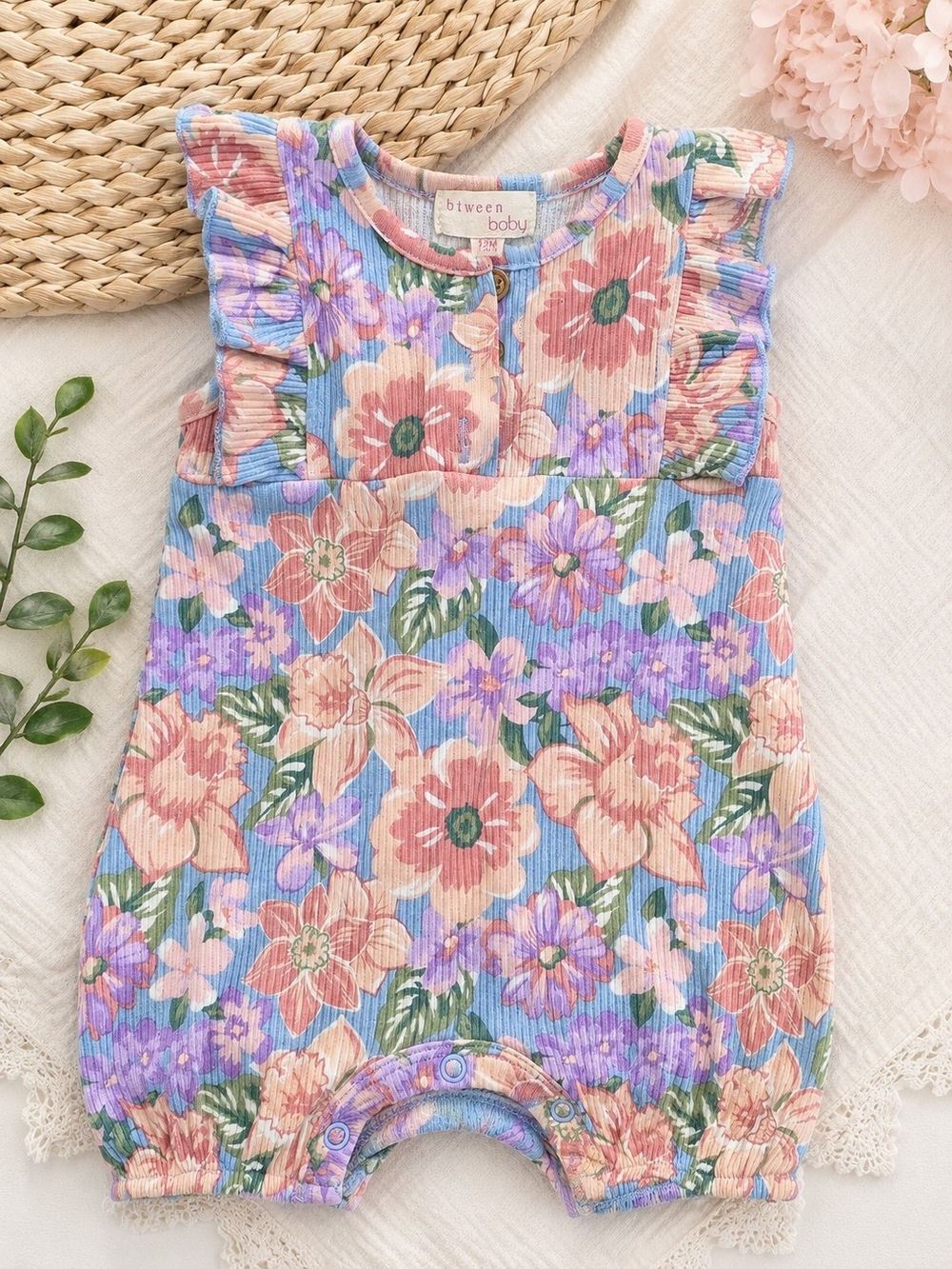 Floral Ruffle Baby Romper - Blue & Peach